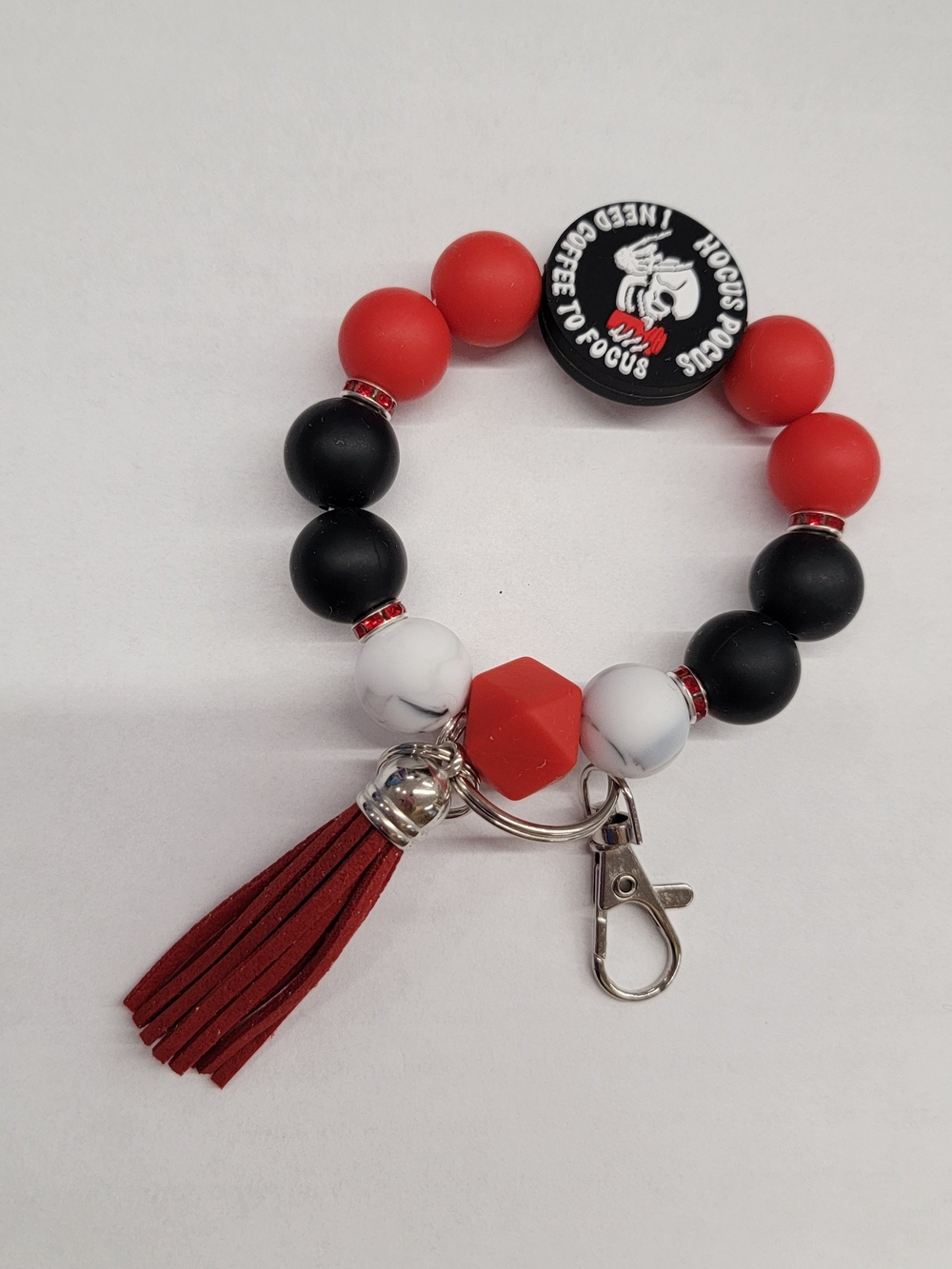 Red Black White Beaded Keychain Wristlet with Tassel